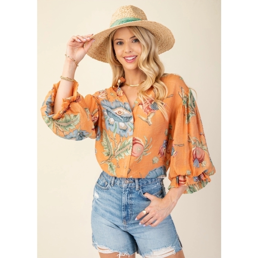 TG2013 COR Gigio Printed Button Down Balloon Sleeve Top Various Sizes